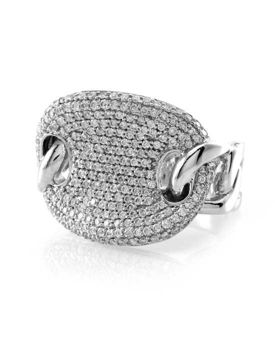 Pave Diamond Cluster Ring with Curb Link Details in 14K White Gold